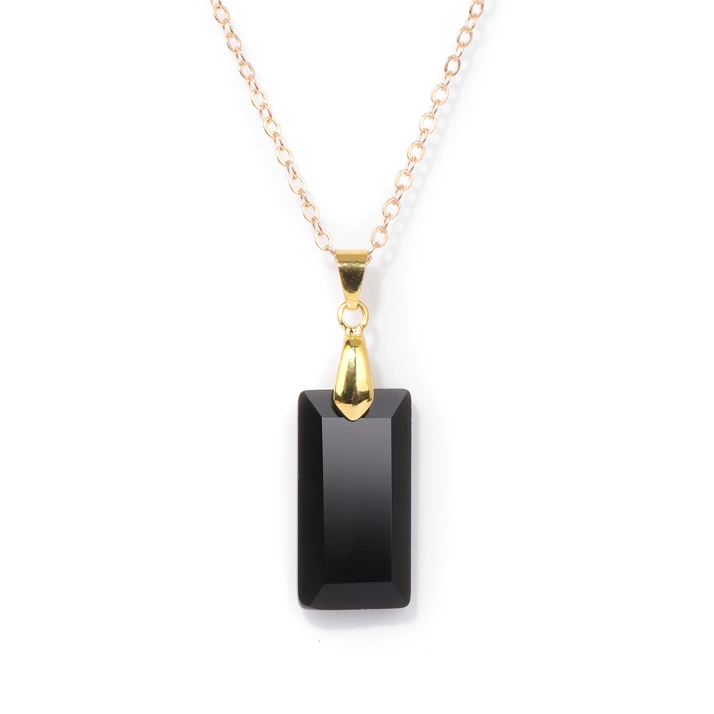 

Rectangle Slice Natural Stone Pendent Necklace Classic Black Obsidian Quartzs Amethysts Necklace Female Jewelry Gift