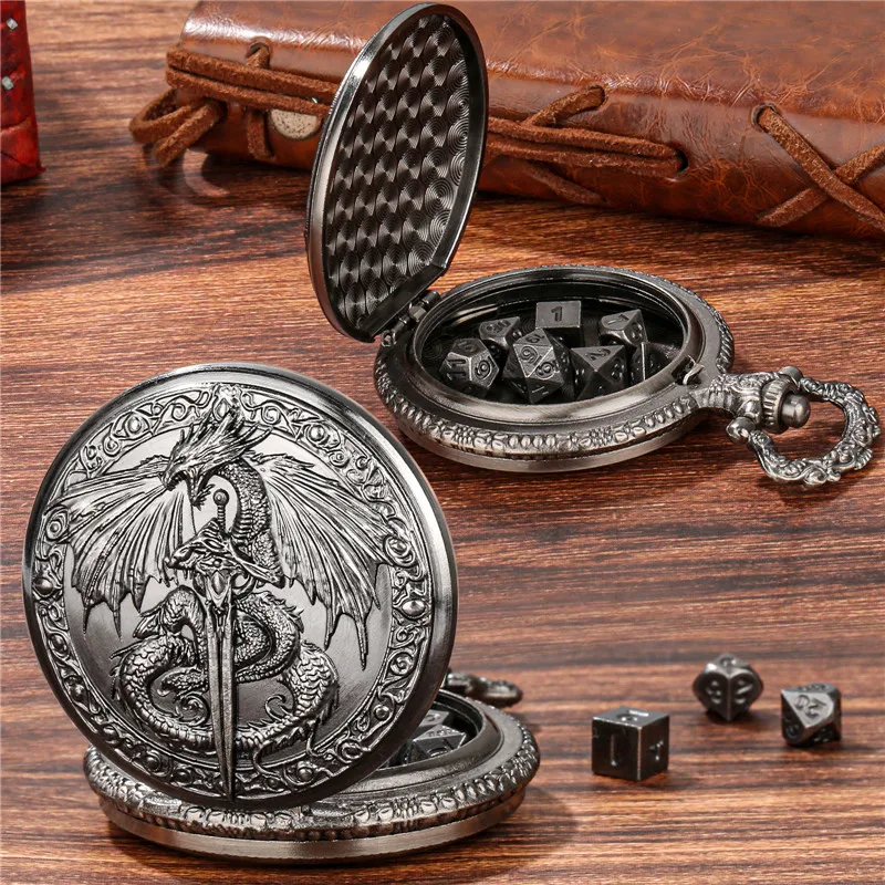 

7pcs Tiny Metal Polyhedral Dice Set Retro Flying Dragon Holds Long Sword Pocket Watch Case for Role Play Gaming Storage Bag
