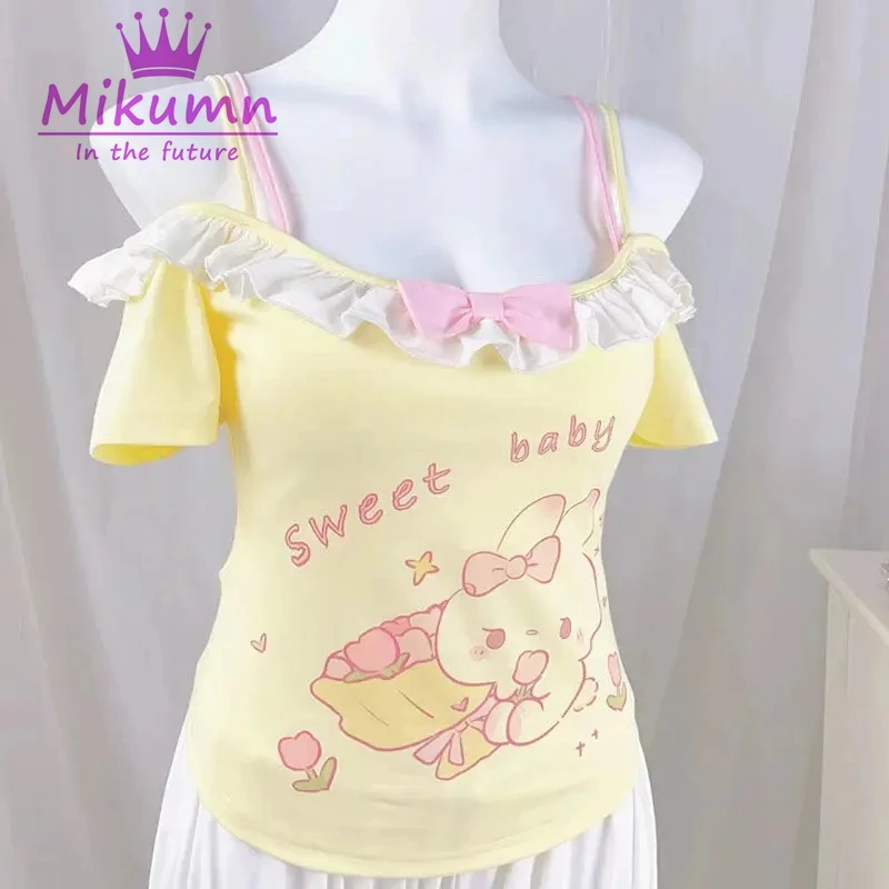 Mikumn Y2k Sweet Crop Top Women Japanese Kawaii Cartoon Bunny Print T-shirt Lolita Style Off Shoulder Bow Short Sleeve Tees