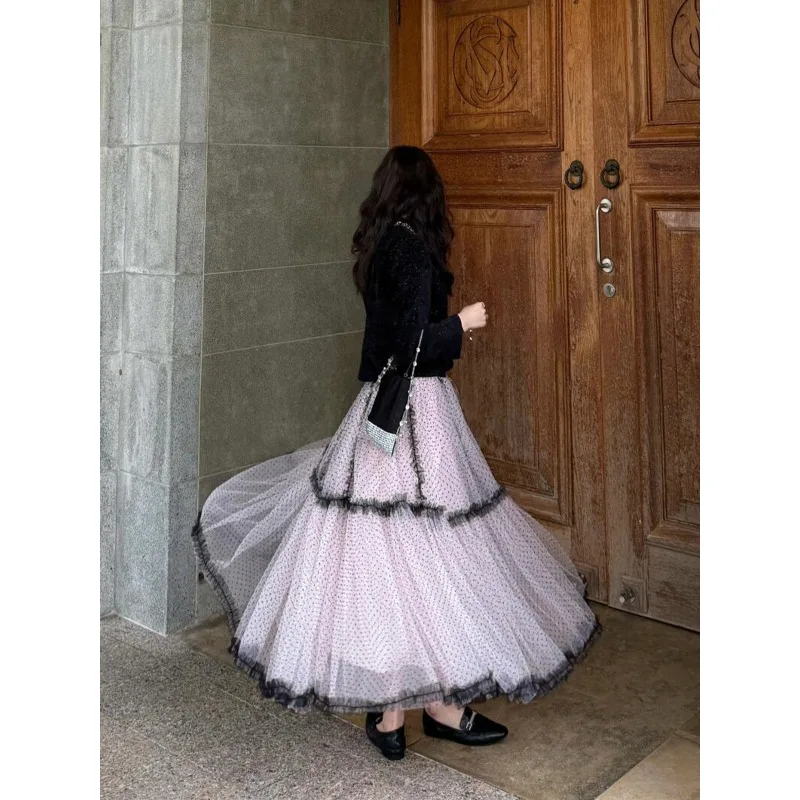 1 قطع المرأة البولكا نقطة تول ماكسي تنورة الثقيلة شبكة ألف خط الطابق طول تنورة أنيقة مكتب تخفيف تكدرت المتدرج كعكة تنورة #4