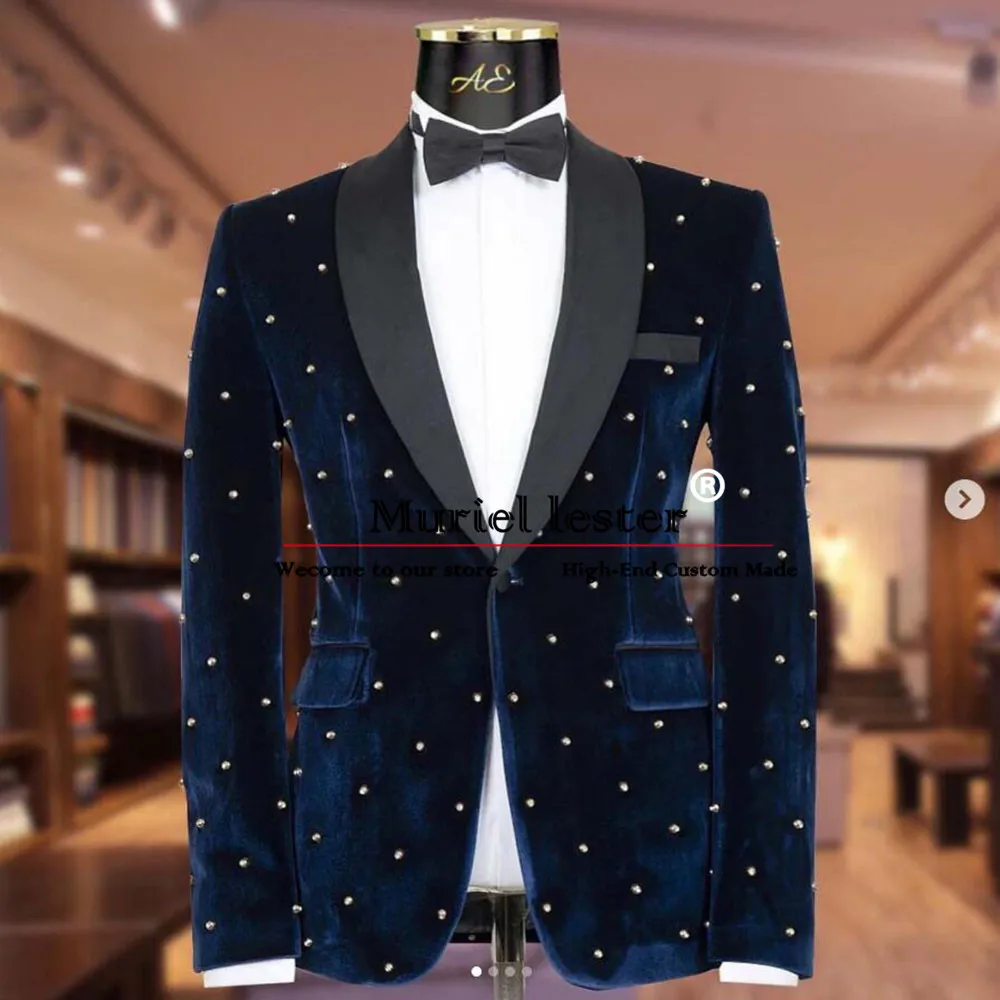 

Classic Navy Velvet Suit Men For Wedding Handmade Black Satin Pearls Jacket Pants 2 Pieces Bridegroom Man Tuxedos Custom Made