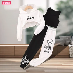 2024 Kids Girls Clothing Set Spring Autumn Long Sleeve 3 Pcs Hooded Top Vest Pants Contrast Colors Children Outfits