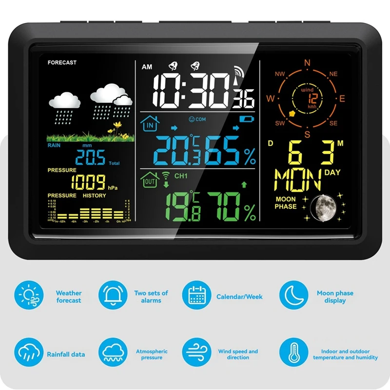 M11K7.5In VA LCD Screen Weather Station With Outdoor Sensor Indoor Outdoor Thermometer Wind Speed And Direction Moon Phase