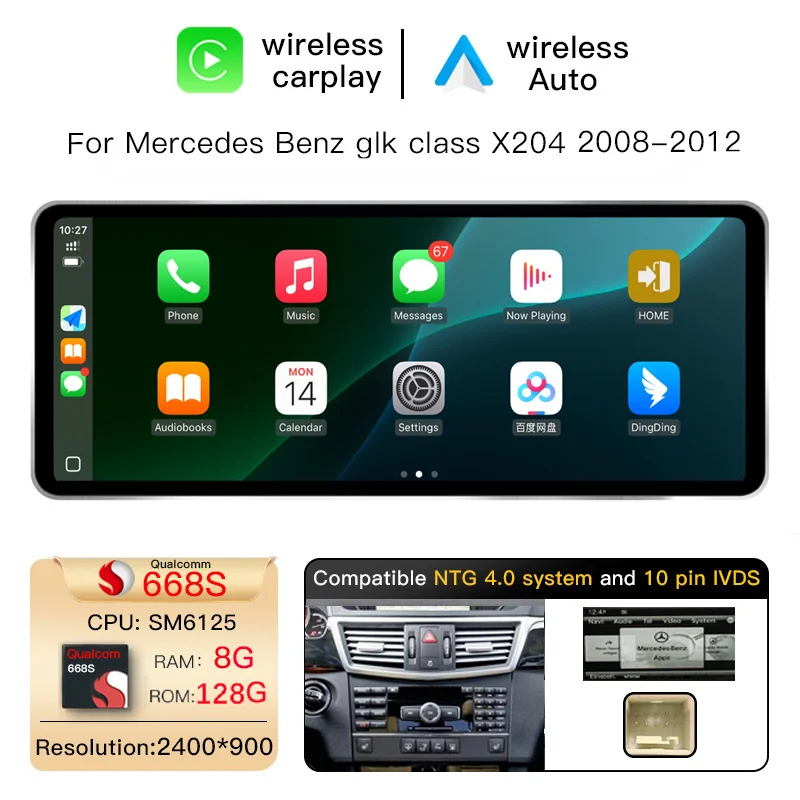 12.8" Android 14 Draadloze Carplay Auto Multimedia Speler voor Mercedes Benz GLK Klasse X204 2008-2012 Autoradio Stereo GPS Navigatie SWC DSP 4G WiFi Snapdragon 665