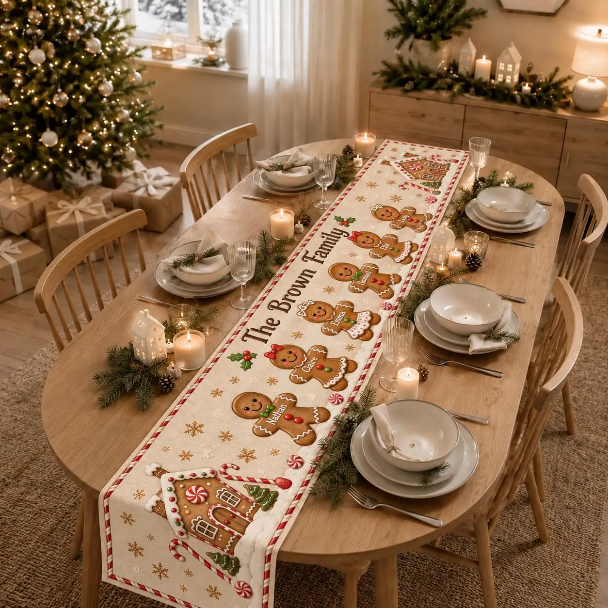 Christmas Gingerbread Man Table Runner Custom Family Name Xmas Table Flag, Winter Snowflake Candy House Tablecloth for Holiday