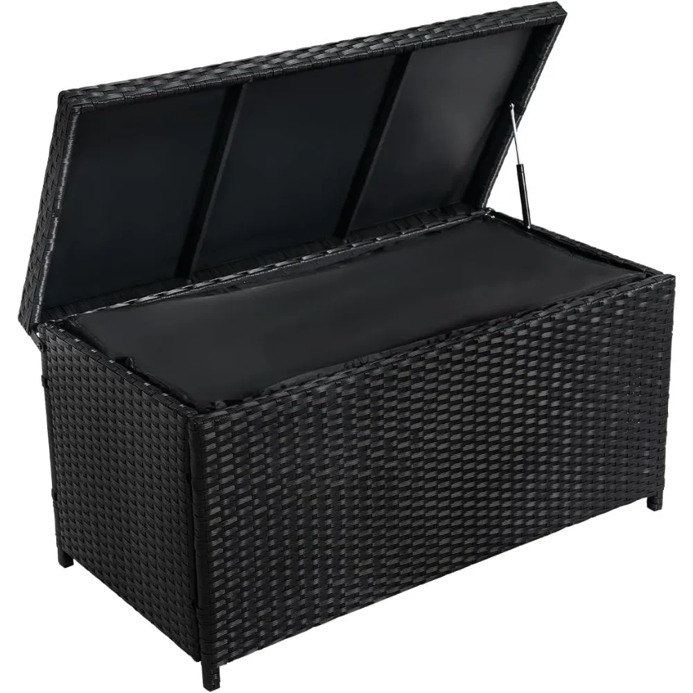 

Плетеный ящик для хранения на 70 галлонов с водонепроницаемым вкладышем, контейнер для хранения из полиэтиленового ротанга для патио на открытом воздухе, коробка для палубы с отверстиями