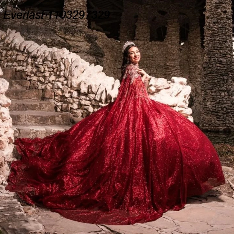 EVLAST Personalizzato Rosso Abito Quinceanera Abito di Sfera Argento Applique di Pizzo Perline Mantello Messico Dolce 16 Abiti Da 15 Años TQD876