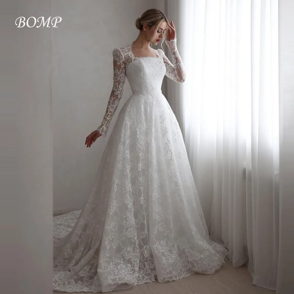 BOMP فساتين زفاف رائعة من الدانتيل على شكل حرف A وياقة مربعة وأكمام طويلة من الدانتيل فساتين زفاف متواضعة دبي للنساء العربيات حسب الطلب #1