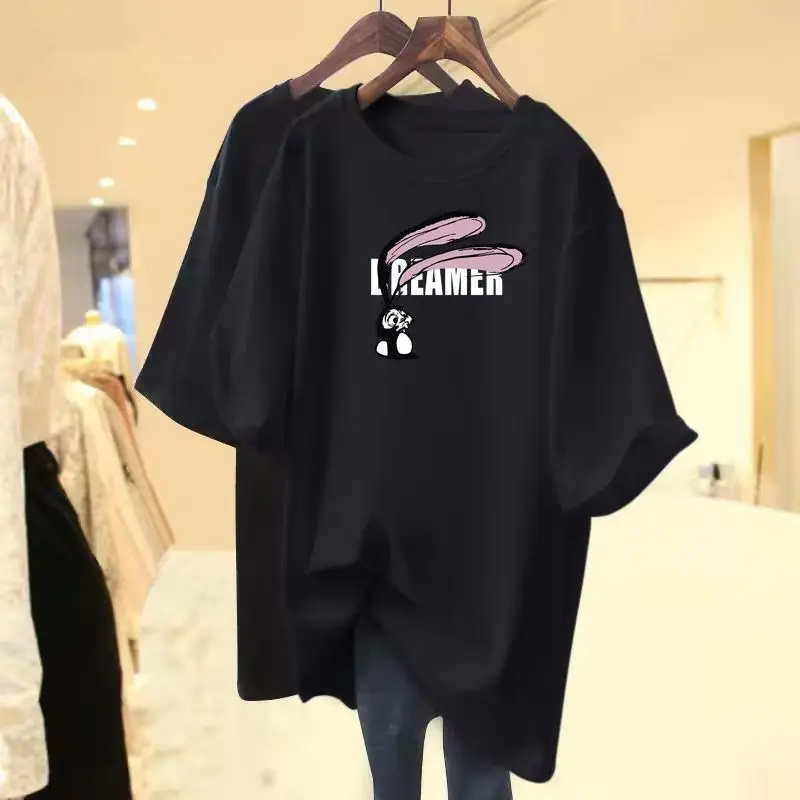 Bawełniana luźna koszulka damska 2024 Summer New Long Ear Rabbit Anime Short Sleeve Casual Versatile Tops Lady Round Neck Basic Tees