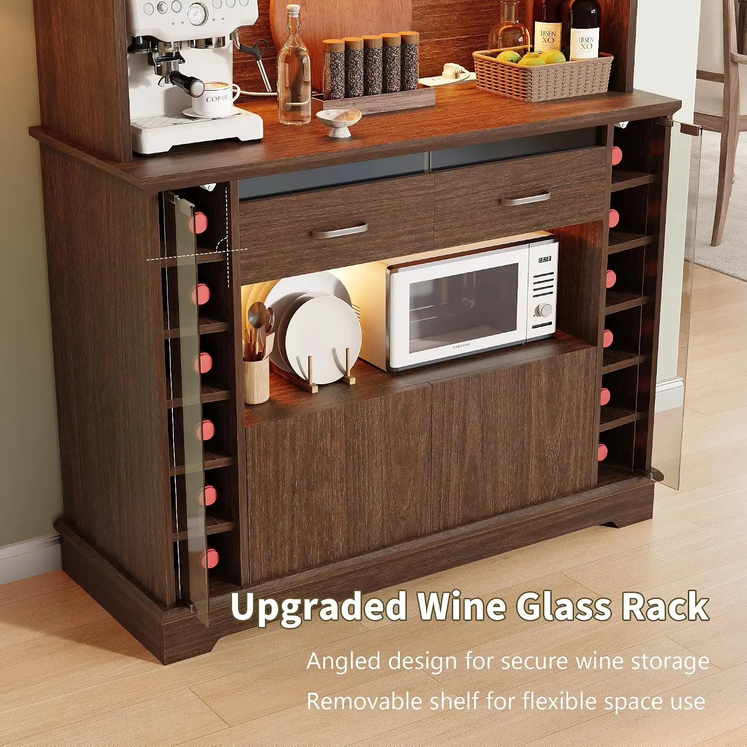 Tall Bar Cabinet with Charging Station & LED Lights, Wine Storage Rack & Glass Holder, 71'', Dark Walnut, Customized