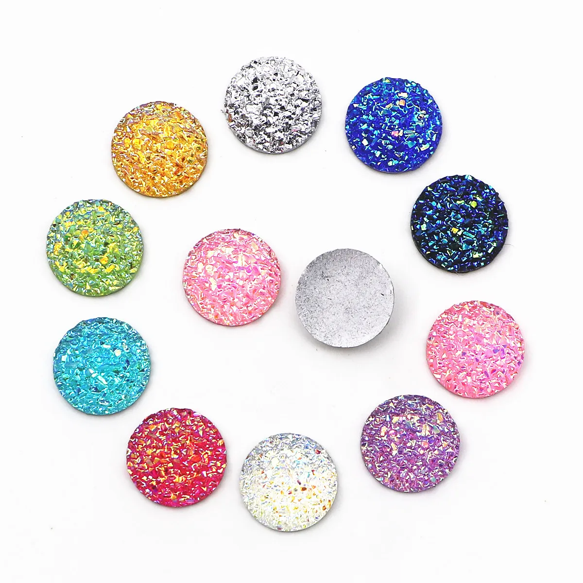 100pcs 12mm Round Resin Shiny AB Druzy Stone Surface Rhinestone Flatback Cabochon DIY Decorative Craft Scrapbooking Accessories