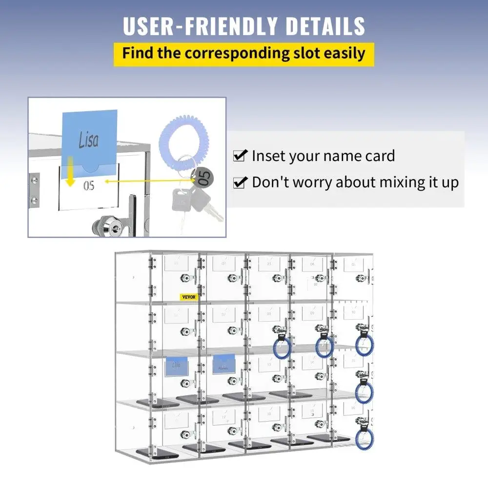 20 Slot Phone Storage Locker Acrylic Material Wall Mountable with Locking Mechanism Key ideal for Office Classroom Gym