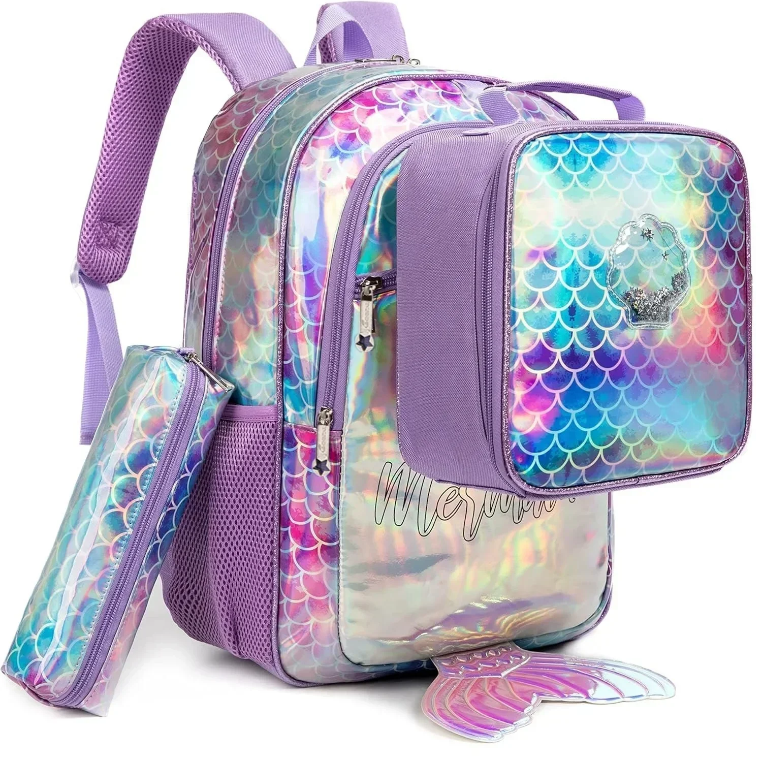 School Bags for Kids Cute Backpacks for School Primary Students Mermaid School Bags with Lunch Box Girl Book Bags