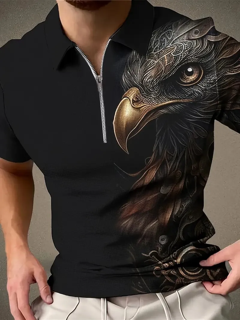 Summer Men's Zip Polo Shirt 3 Business Casual Sports Quick Dry Vintage Polo Shirt D Eagle Pattern Printed Loose Short Sleeve