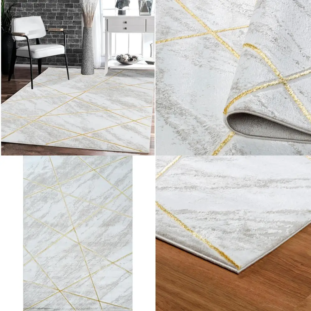 

Modern Abstract Marble Area Rug - 8x10 Cream and Gold Carpet for Living Room and Dining Room