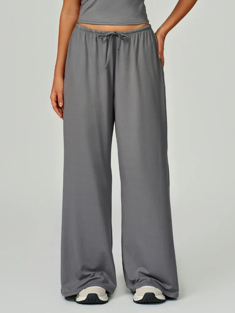 

Casual Loose Sports Fitness Long Trousers Women Elastic Waist Lace-up Wide Leg Pants Ladies Mid Waist Running Gym Tracksuit Pink