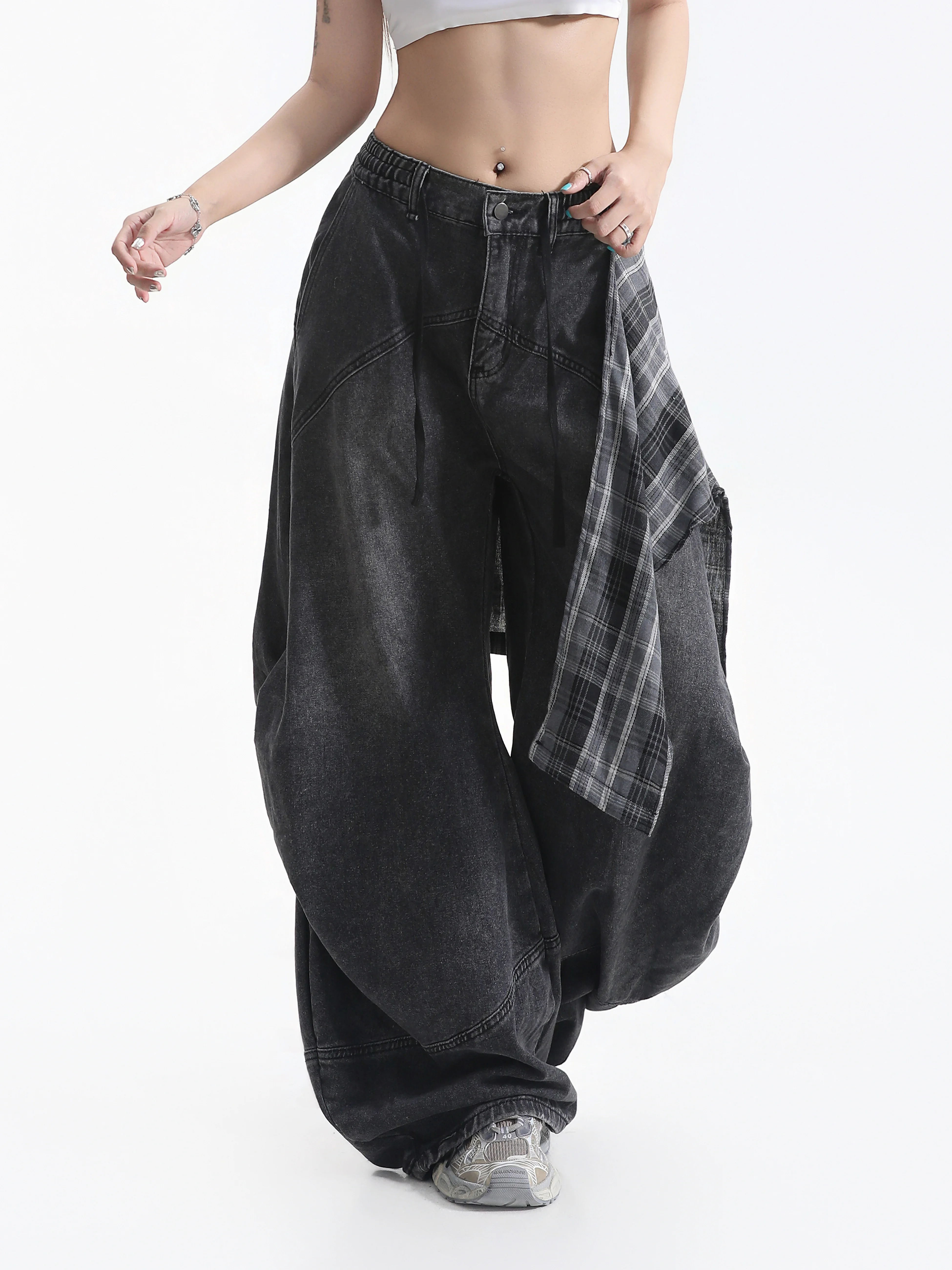 Small Ball American Plaid Wide Leg Denim Pants Women's Drawstring Trousers Couple's Long Pants Splicing Natural Waist Cotton
