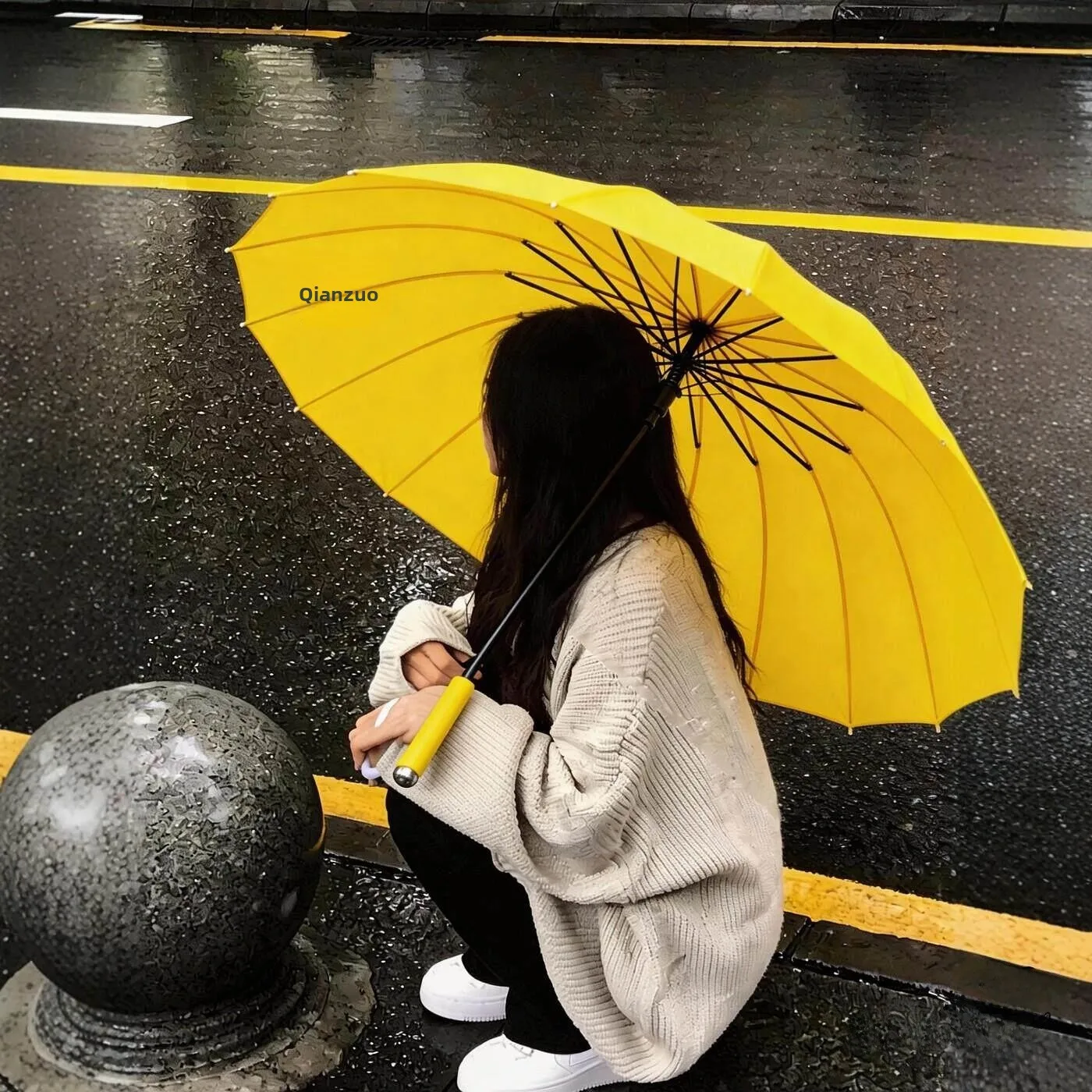 Thickened Long Handle Umbrella Automatic Large Rainproof Sunny Rain Two Use Reinforced Yellow Umbrella High Aesthetic Value