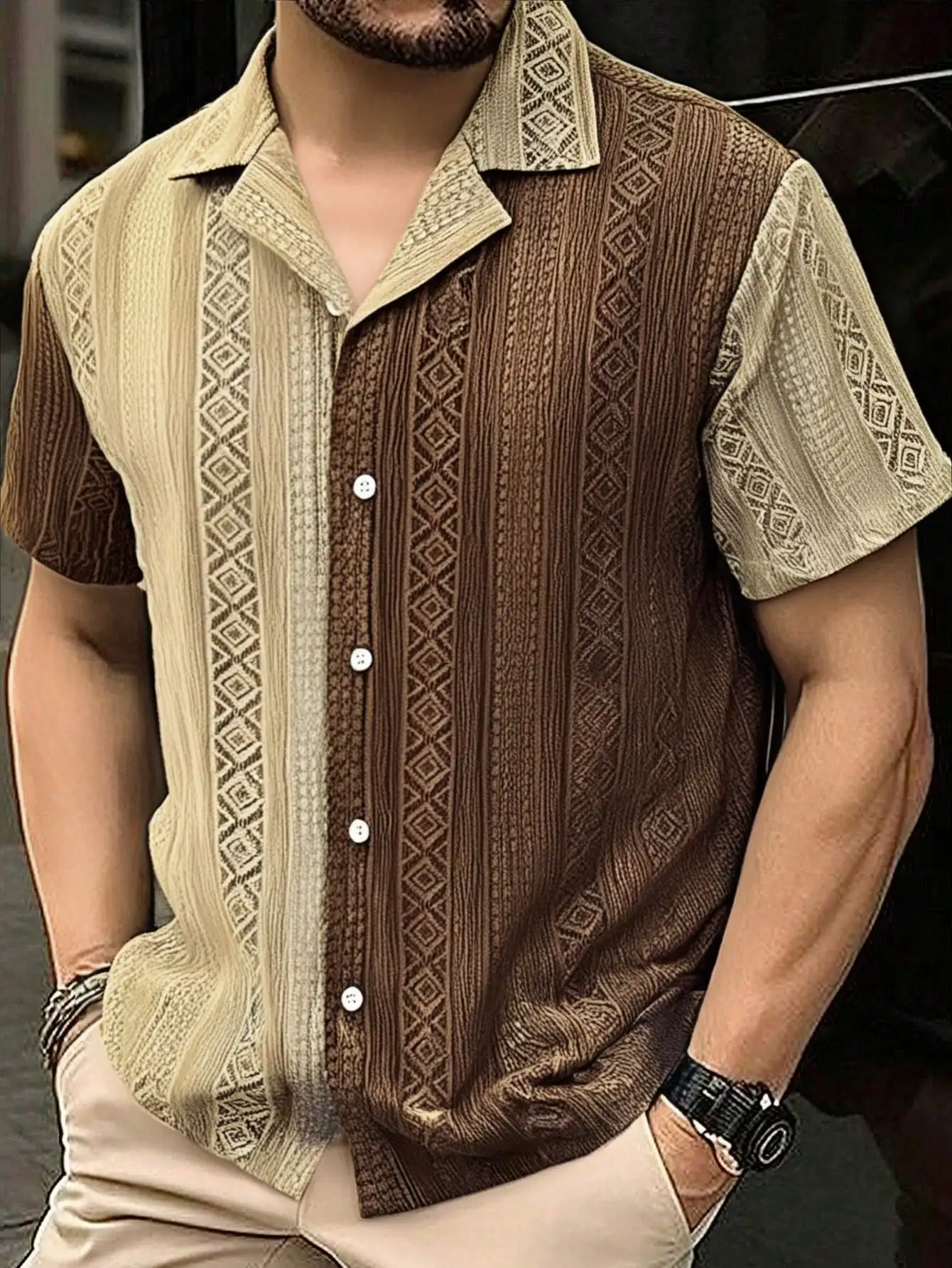 

Men's Ethnic Pattern Short Sleeve Button-Up Shirt, Casual Summer Wear