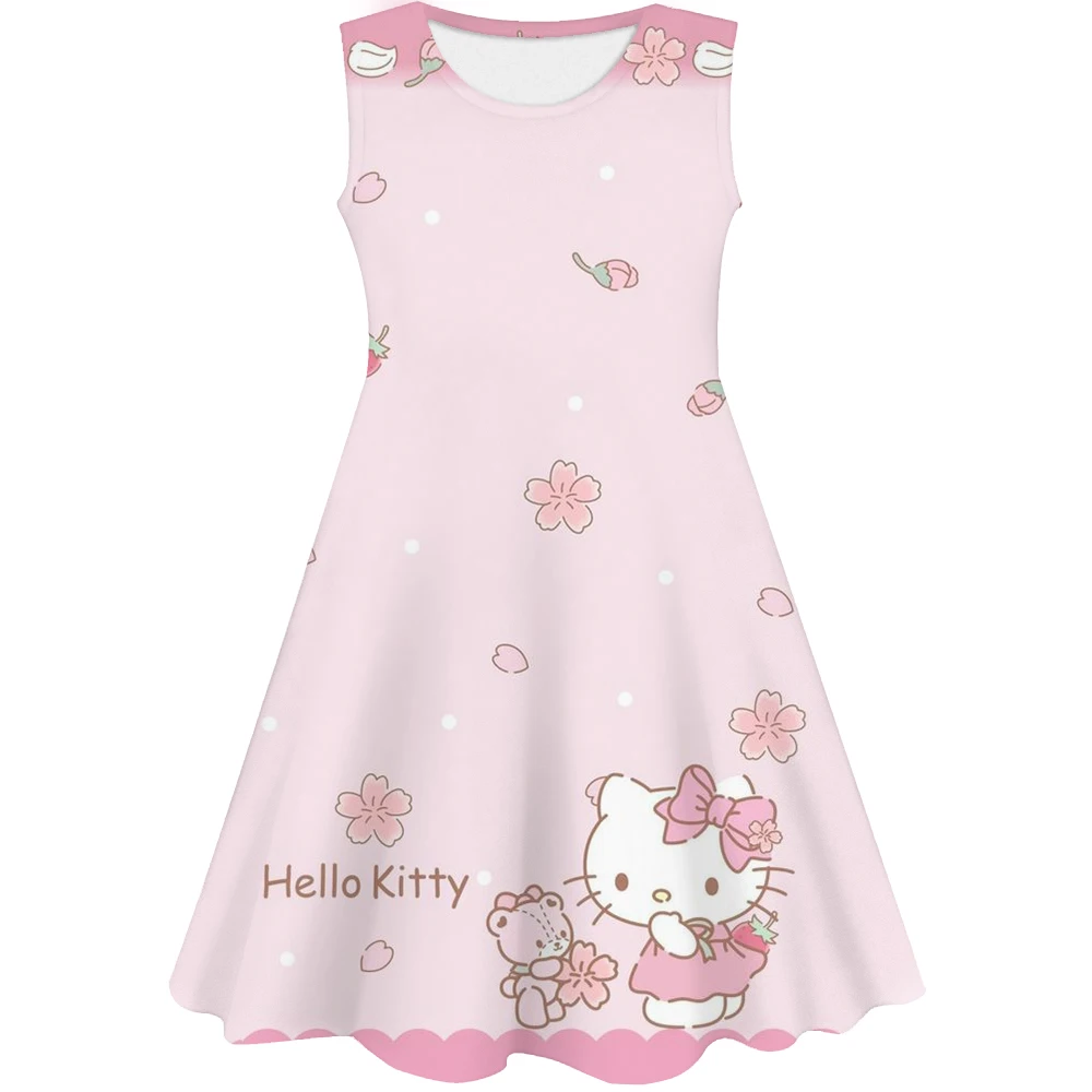 Vestido Anime HelloKitty infantil, roupas casuais das meninas, roupas sem mangas, impressão 3D fofa, verão, 2024