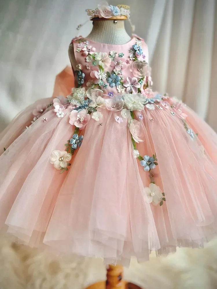 

2024 Backless Evening princess first communion dress Flower pearls girls flower wedding kids ball gown fluffy baby costume