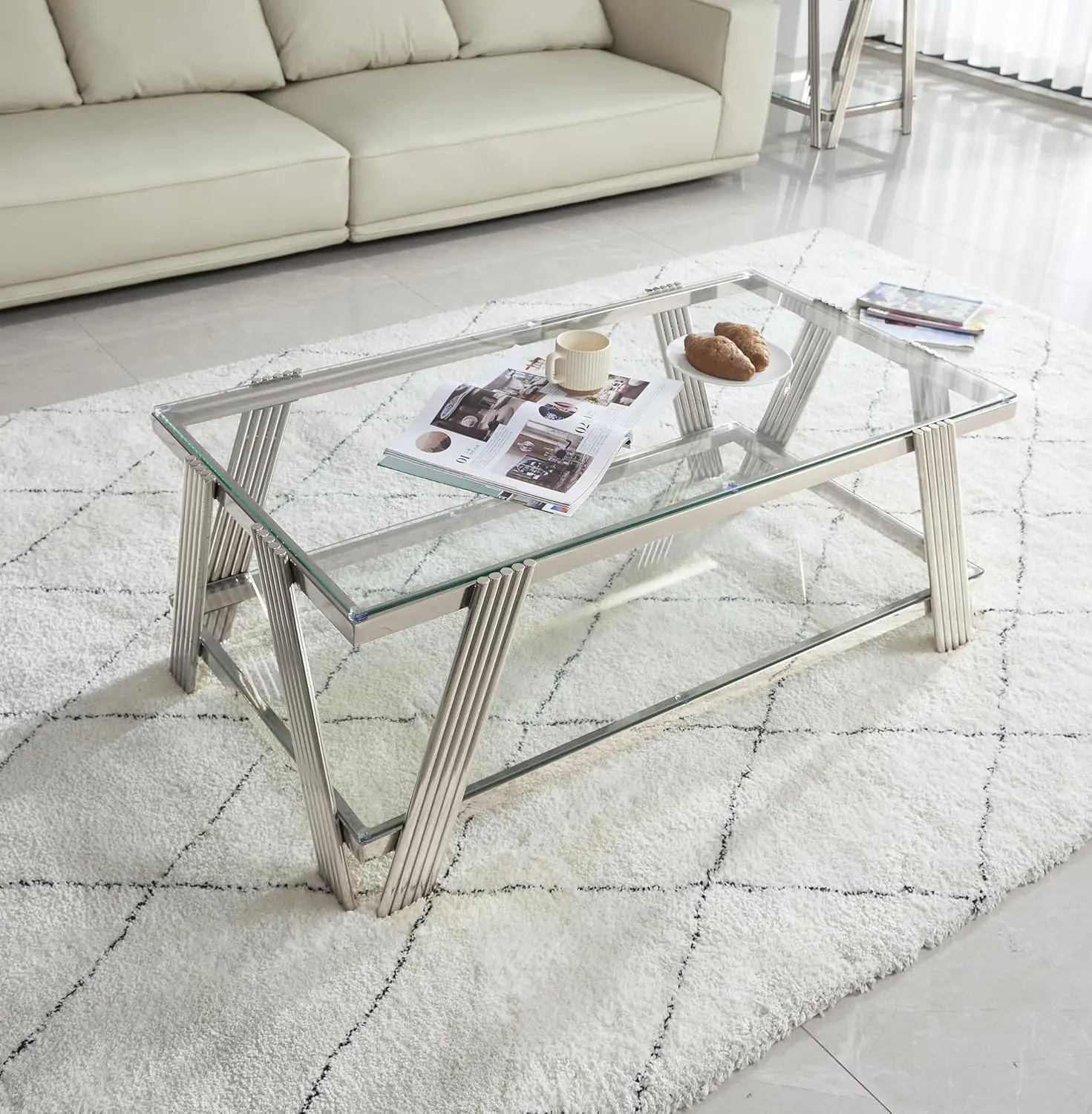47" Modern Coffee Table, Double-Layer Clear Tempered Glass Table Top With Stainless Steel Frame, Center Table With Storage, For