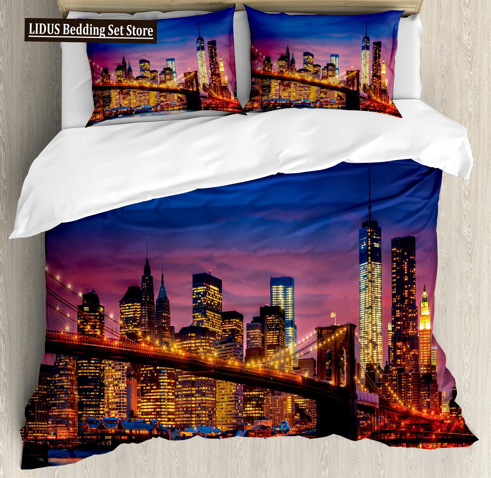 New York Duvet Cover NYC That Never Sleeps Reflection On Manhattan East River City Night Scene Room Decorative Bedding Pink Blue