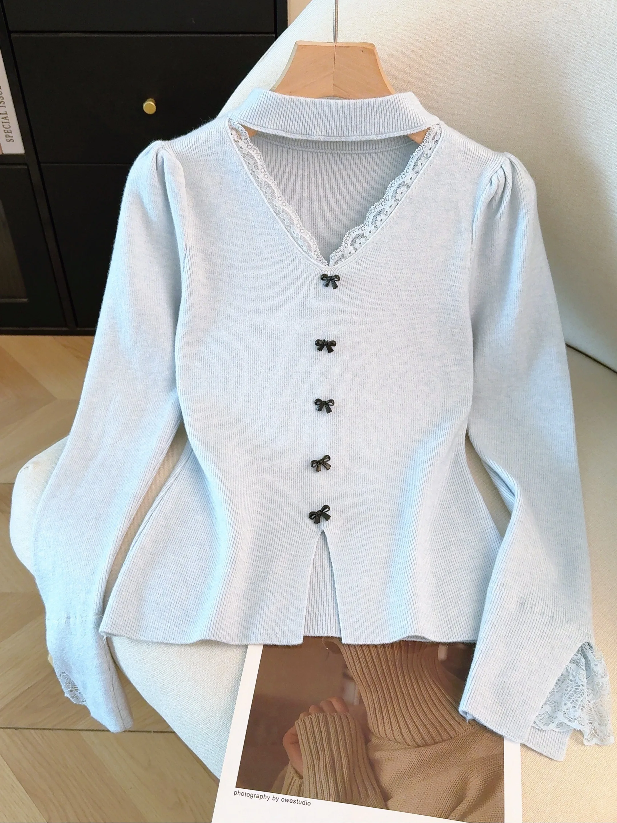 

Зимний вязаный свитер женский с v-образным вырезом и кружевом, висящий Ne Top, внутренняя основа, теплая Thiened Long Sve