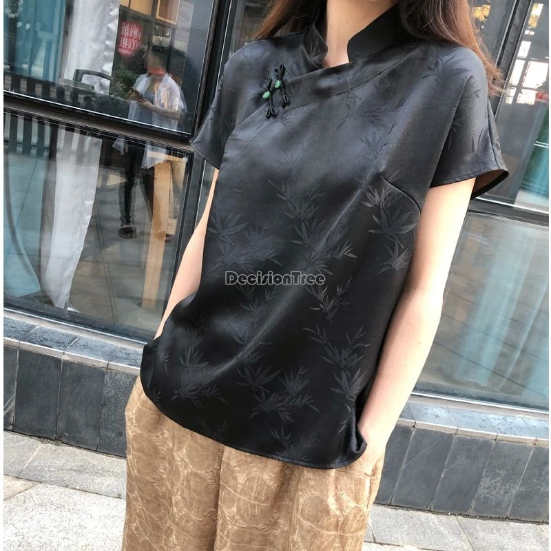 2024 chinese national solid color printing qipao top new patchwork loose short sleeve button blouse elegant tea art tangsuit top