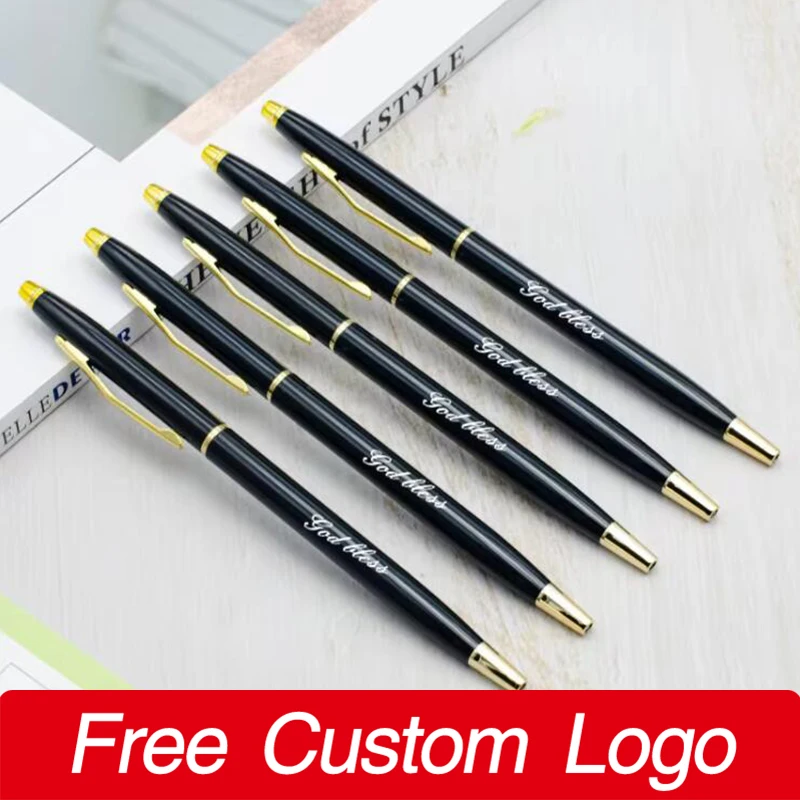 

10Pcs Advertising Black Pen with Gold Clip Free Custom LOGO Metal Ballpoint Pen Lettering Name Wholesale Gift Pen Office Supply