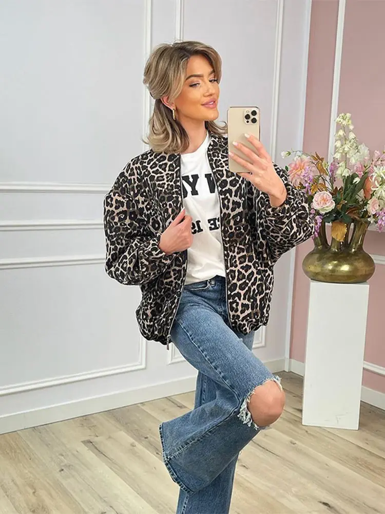 Chic Leopard Print Zipper Short Coat For Woman Fashion Loose Round Neck Long Sleeve Jacket Autumn Winter Warm Street Outerwear