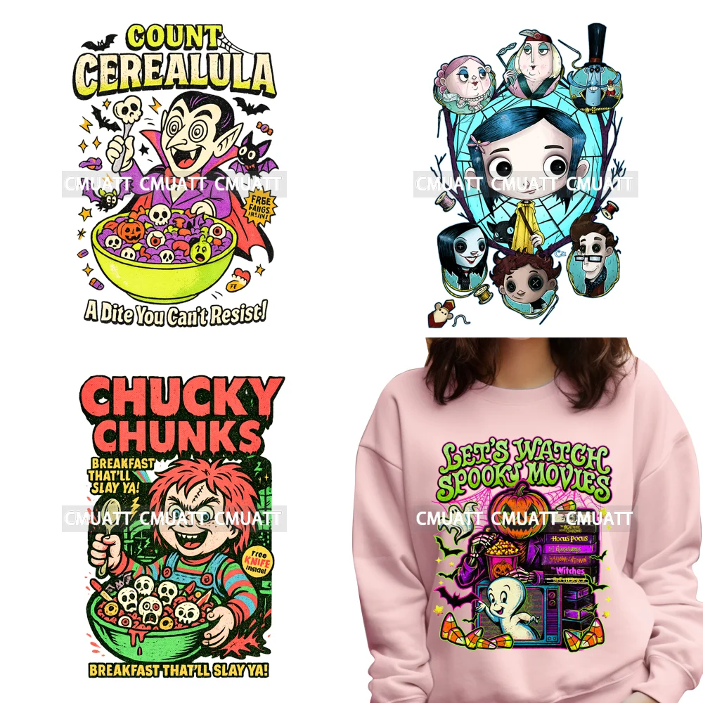 

Horror Friends Cartoon Halloween Vibes Horror Movies Character Iron on DTF Washable Transfers Sticker Ready to Press for Hoodies