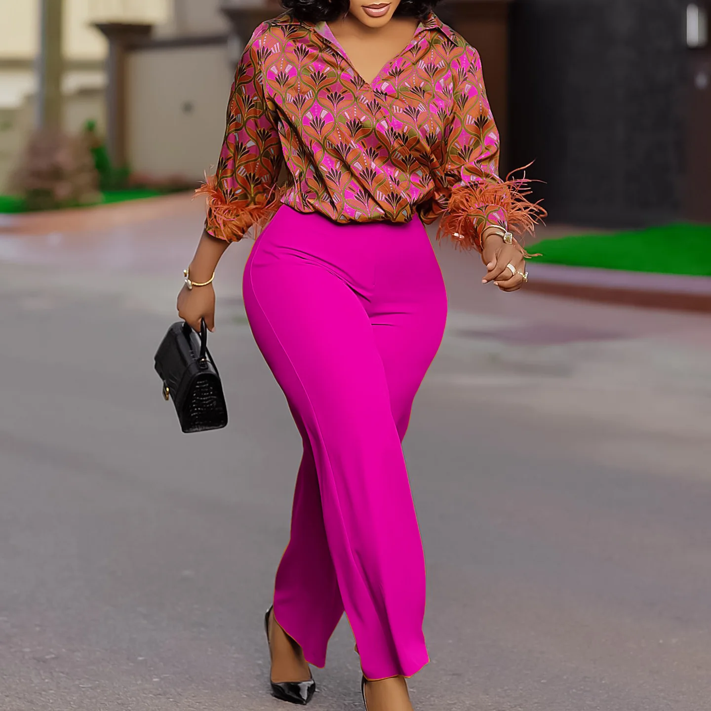 Autumn Winter Fashion Printed Two Piece Set African Women Office Ladies Satin Printed Shirt Wide Leg Pants Two Piece Set Women