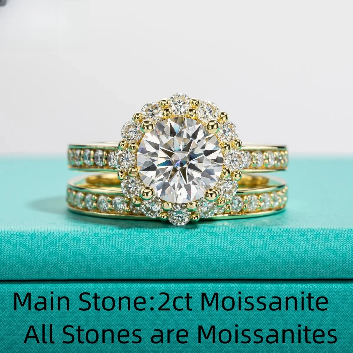 Anel de Noivado de Moissanite 2ct Cor D, Banhado a Ouro Amarelo 14k, Prata Esterlina 925, Conjunto de Anéis de Casamento para Mulheres