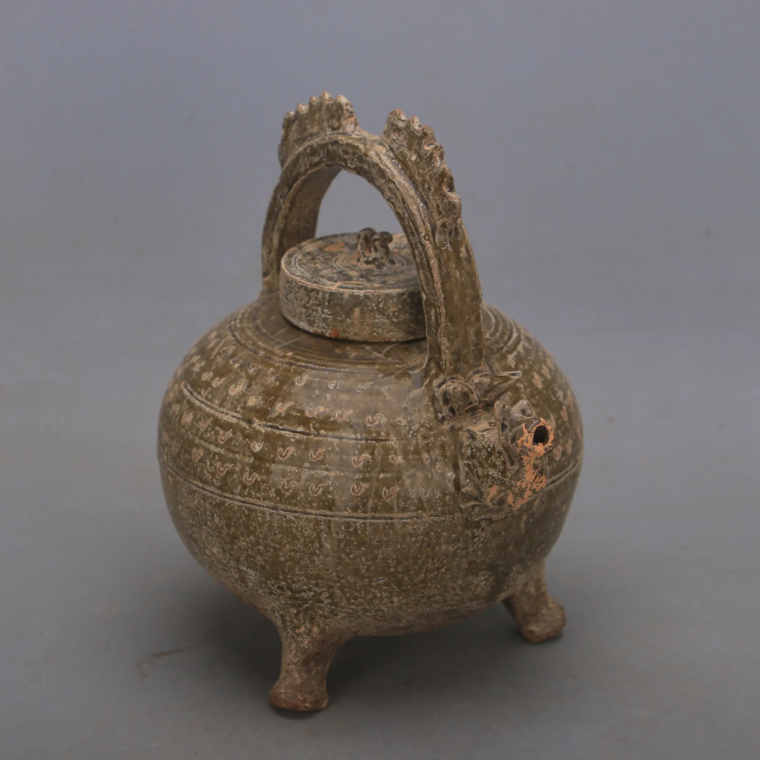 Handmade Tang Style Yue Ware Green Glaze Dragon Phoenix Loop Handle Teapot Home Decor Collectible