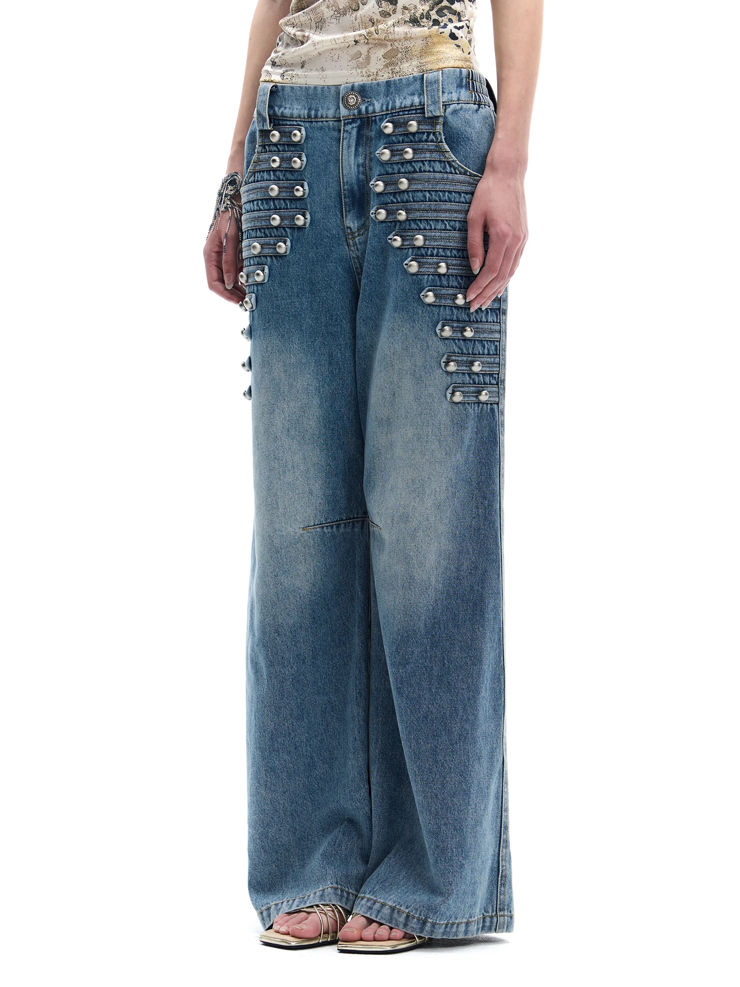 Faychui Vintage Rilesel Straight Leg Denim Jeans American Wash Blue Wide Leg Long Pants Button Closure Ageing Craft Casual Fit