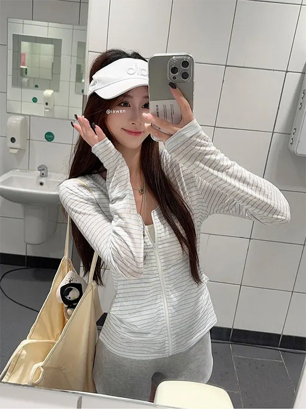 

Ladies' Casual Striped Long Sleeve Hooded Sun Protection Outerwear Loose Fit Vintage Zipper Top for Autumn Versatile Commute ...