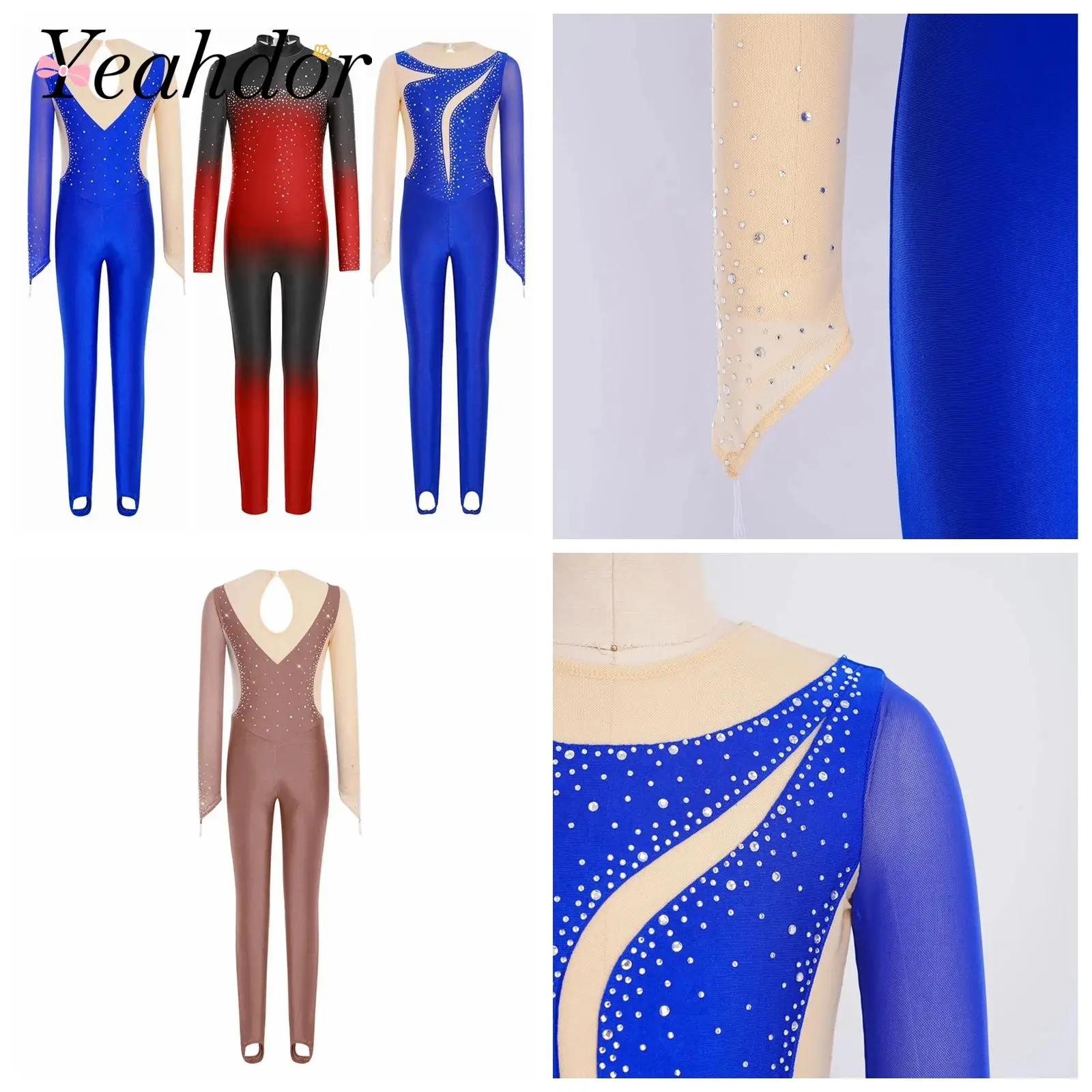 Childs Mesh Patchwork Acrobatics Costumes Teens Kids Girls Rhythmic Gymnastics Jumpsuit Shiny Rhinestones Dance Bodysuit