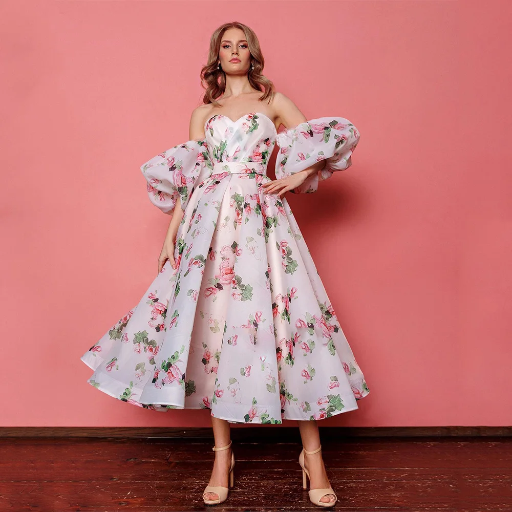 Yipeisha Floral Print Cocktail Dresses with Detachable Short Sleeves Sexy Sweetheart Pleat Tea Length A Line Homecoming Gown