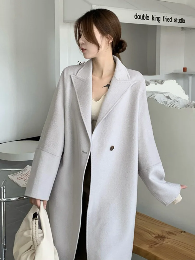 

Winter Women Water Ripple Double-sided Cashmere Wool Coat Female Mid-length New Loose 100% Woolen Coat Lace-up Trench Outerwear