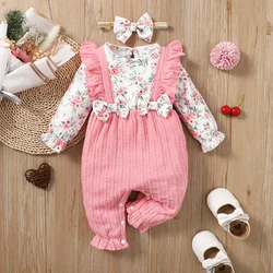 0-18 Months Newborn Baby Girl Romper Cute Floral Long Sleeve with Bow Bodysuit+Headband Infant Girl Spring&Autumn Jumpsuit