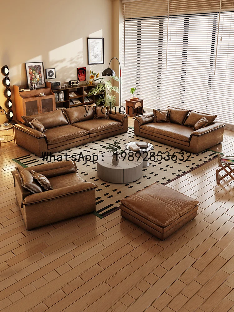 XL  Vintage Oil Wax Genuine Cow Leather Sofa Mid-Ancient Style Living Room Simple Large Sitting Deep Straight Row Sofa