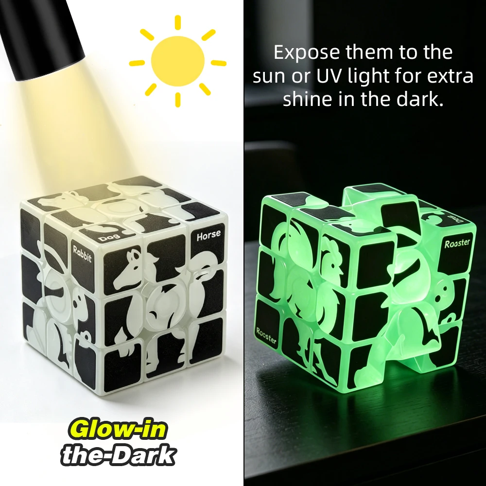 12 Zodiac Signs 3x3 Cube ( Glow in the Dark ), Dog Glow-in-the-Dark Cube, Rabbit UV Printing Element Cube