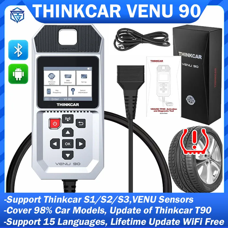 Диагностический инструмент THINKCAR VENU 90 для контроля давления в шинах автомобиля с бесплатным обновлением по Wi-Fi, программированием TPMS, активацией датчиков 315/433 МГц и считыванием кодов неисправностей (DTCs), аналог T90