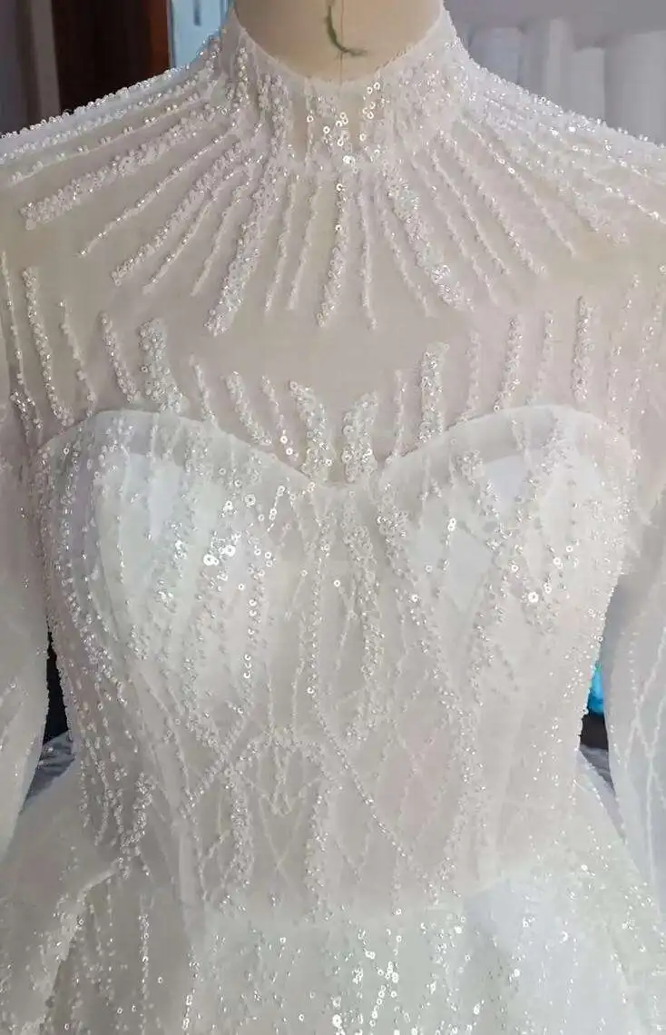 Customized  High Neck Shinny Beads Sequins Wedding Dress Sweep Train Vestidos De Novia Long Sleeves Ballgown Puffy Bridal Gowns