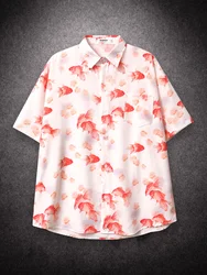 Goldfish Print Short Sleeve Shirt Men Loose Retro Shirts Casual Tops for Summer Hawaiian Shirts