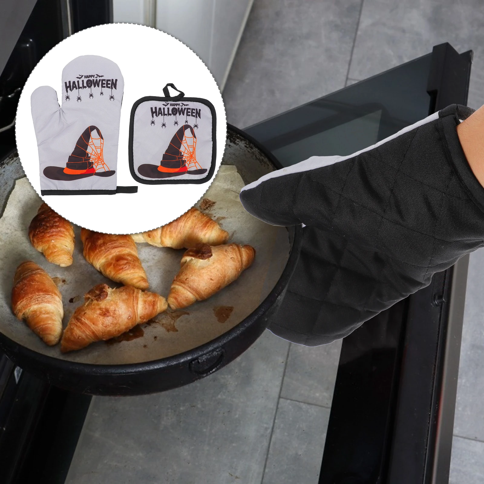

2Pcs Oven Gloves Heat Insulation Gloves Halloween Design Kitchen Mitt Set Comfortable Polyester Liner Oven Mitts