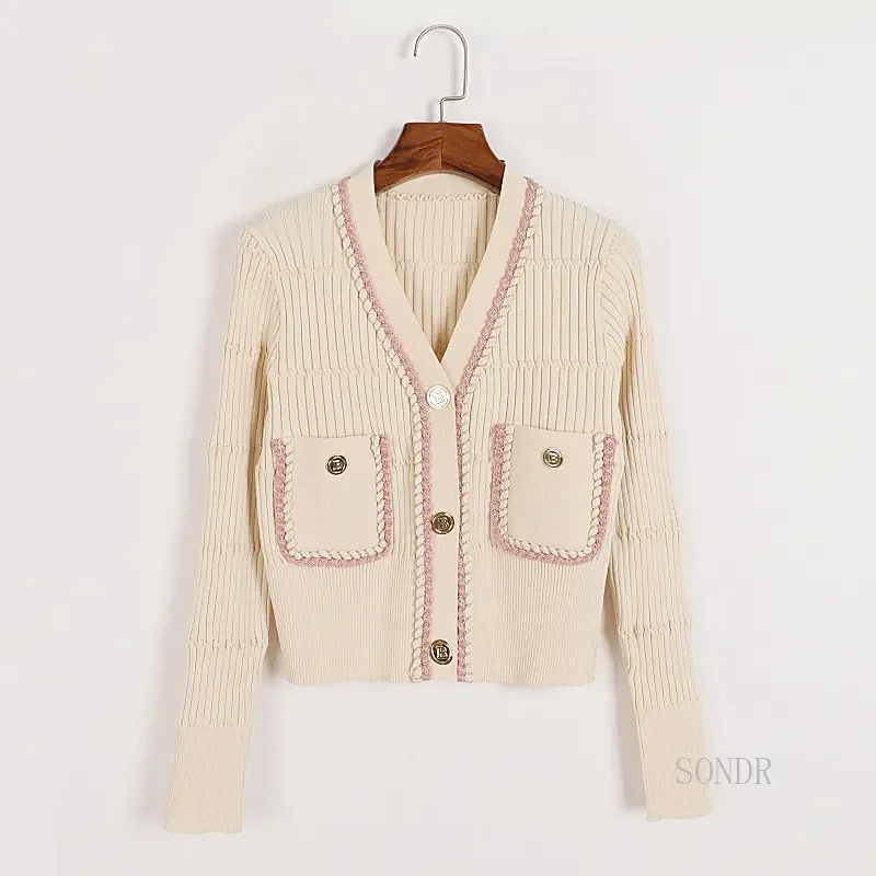 Runway-Pink Cropped Cardigan Women Luxury Cropped Cardigan 2024 V Neck Single Breasted Short Sweater Coat