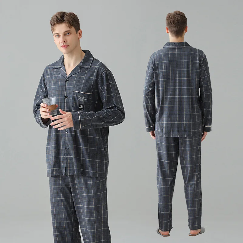 

Antibacterial Cotton Pijamas De Hombre Male Loungewear Long Sleeve Pajamas 2Pcs Nightwear Plaid Home Clothes Casual Sleepwear