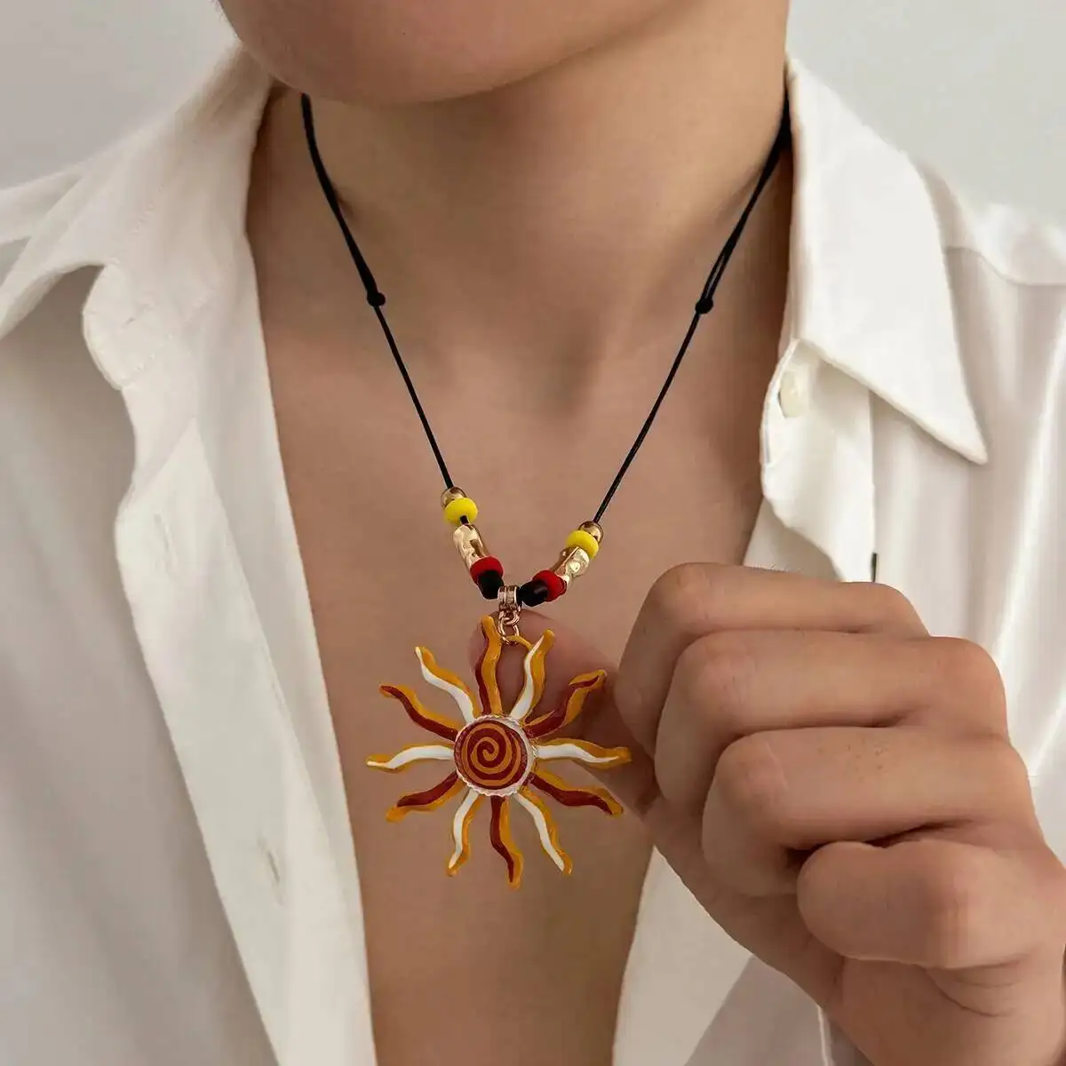 SHIXIN Trend Personality Alloy Oil Dripping Sun Pendant Necklace Women Retro Geometry Black Rope Clavicle Chain Fashion Jewelry